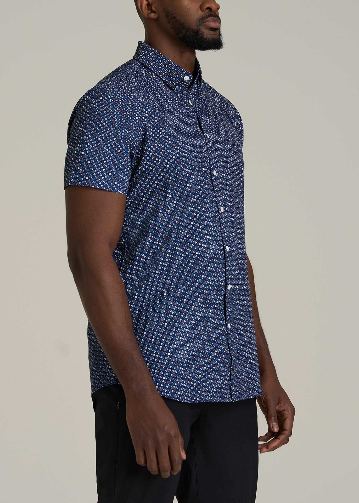 Short Sleeve Traveler Stretch Button Shirt for Tall Men in Blue Fleck Male Product Image