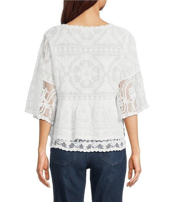 Democracy Allover Embroidered Scoop Neck 3/4 Sleeve Scallop edge Double Layer Hem Peplum Top Product Image