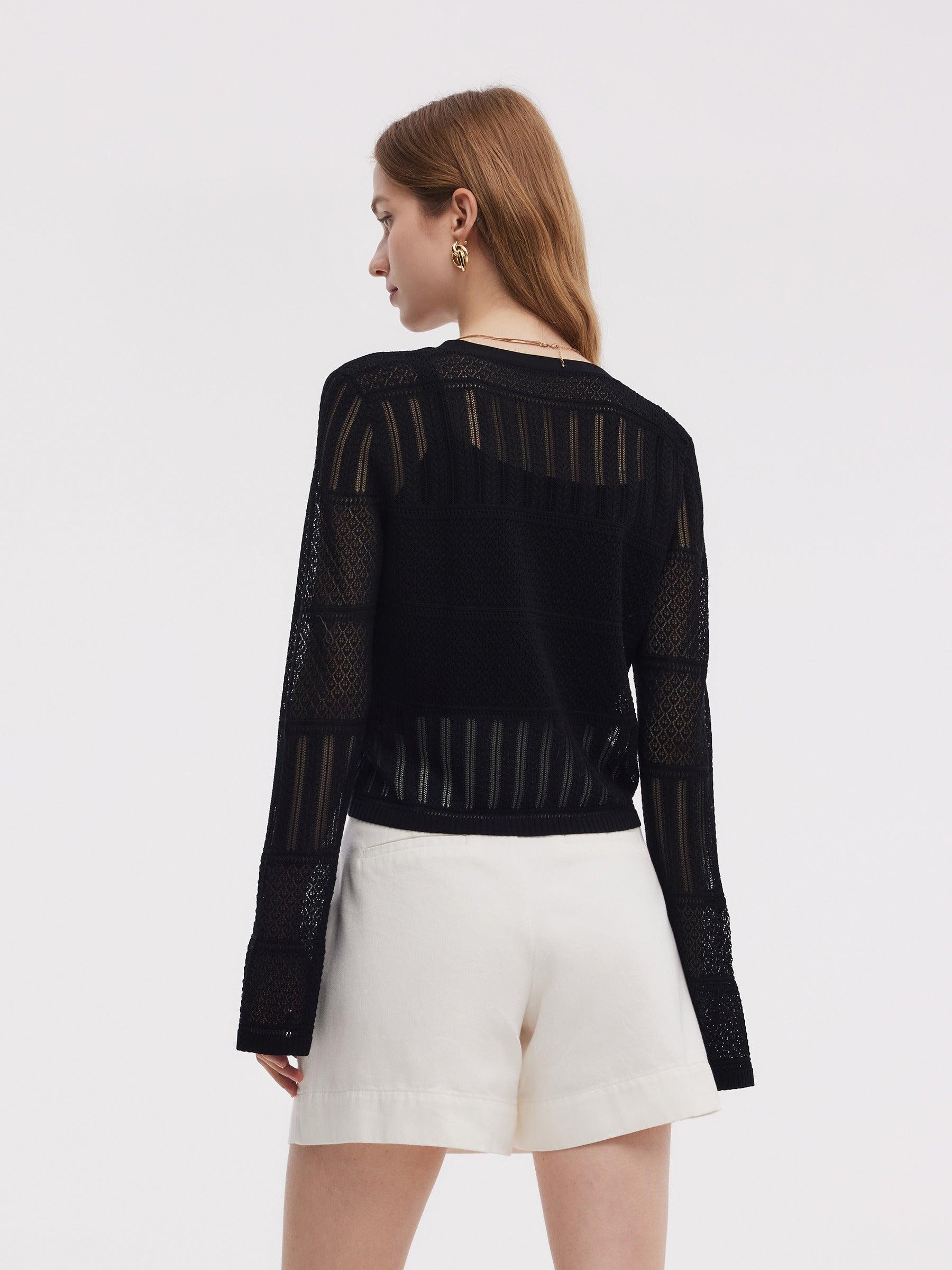 Tencel Blend Openwork Women Flared Sleeve Cardigan Product Image