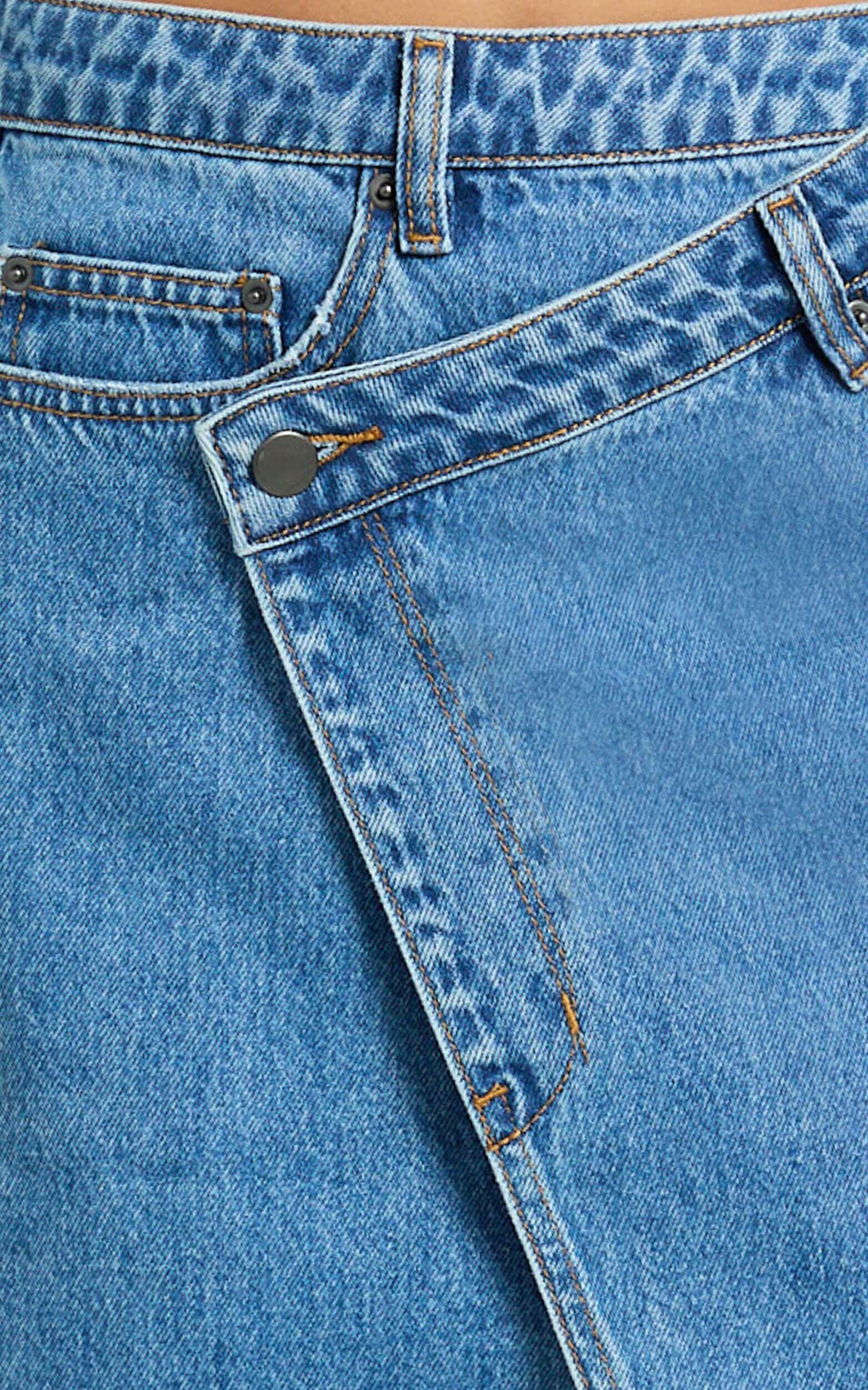 Rihanna Skirt - High Waisted Asymmetrical Denim Skirt in Mid Blue Wash Product Image