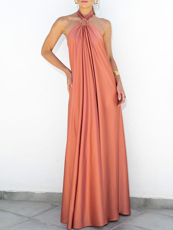 A-Line Loose Backless Solid Color Tied Halter-Neck Maxi Dresses Product Image