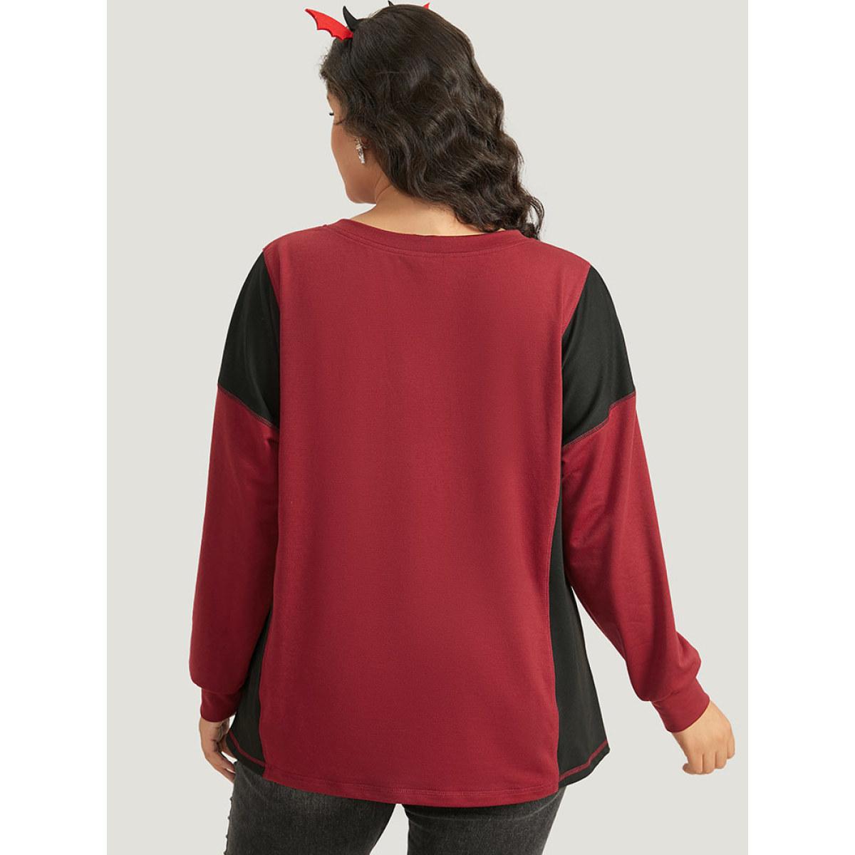 Plus Size Halloween Two Tone Stitch Patchwork Sweatshirt Women Black Casual Elastic cuffs V-neck Festival-Halloween Sweatshirts BloomChic 14-16/1X Product Image