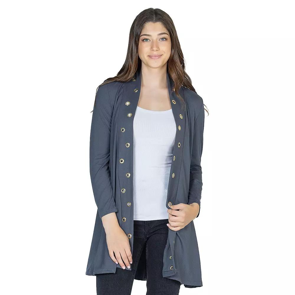 Women's 24Seven Comfort Apparel Mid Thigh Open Front Cardigan with Grommet Details, Size: Small, Black Product Image