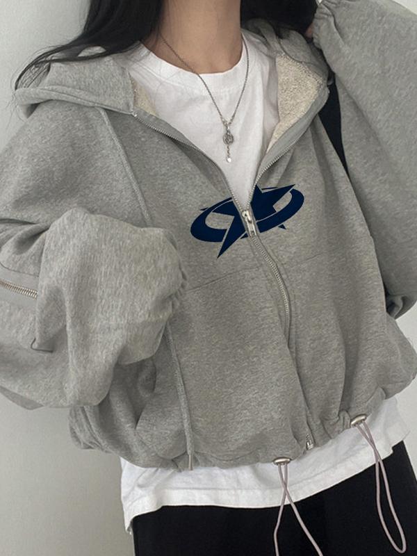 Star Print Zipper Drawstring Hem Oversized Hoodie Product Image