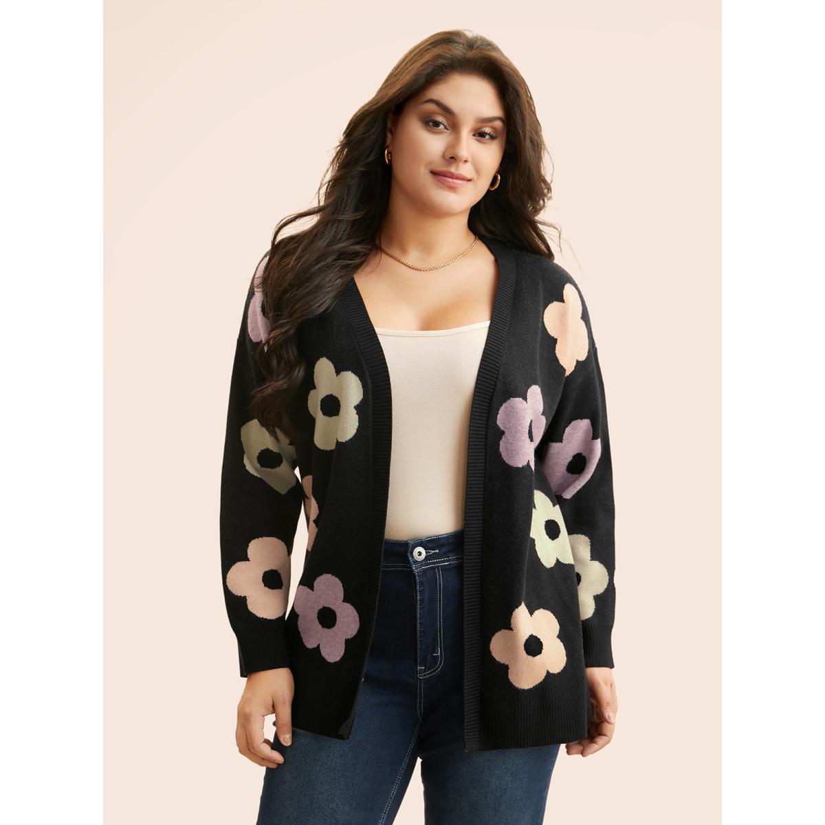 Plus Size Contrast Floral Drop Shoulder Cardigan Black Women Elegant Loose Long Sleeve Everyday Cardigans BloomChic 28/5X Product Image