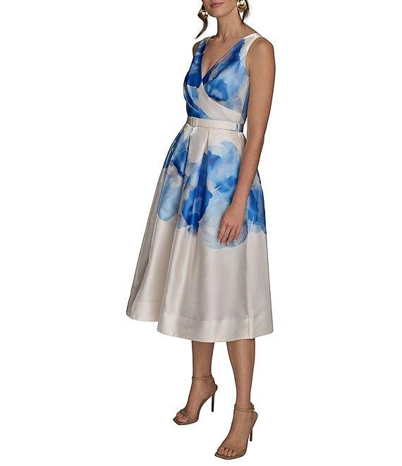 Donna Karan Shimmer Mikado V Neck Sleeveless Belted A Line Midi Dress Product Image