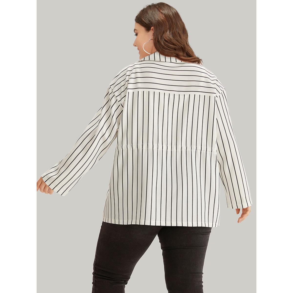 Plus Size Striped Suit Collar Drawstring Patched Pocket Coat Women White Casual Knotted Ladies Everyday Winter Coats BloomChic 14-16/1X Product Image