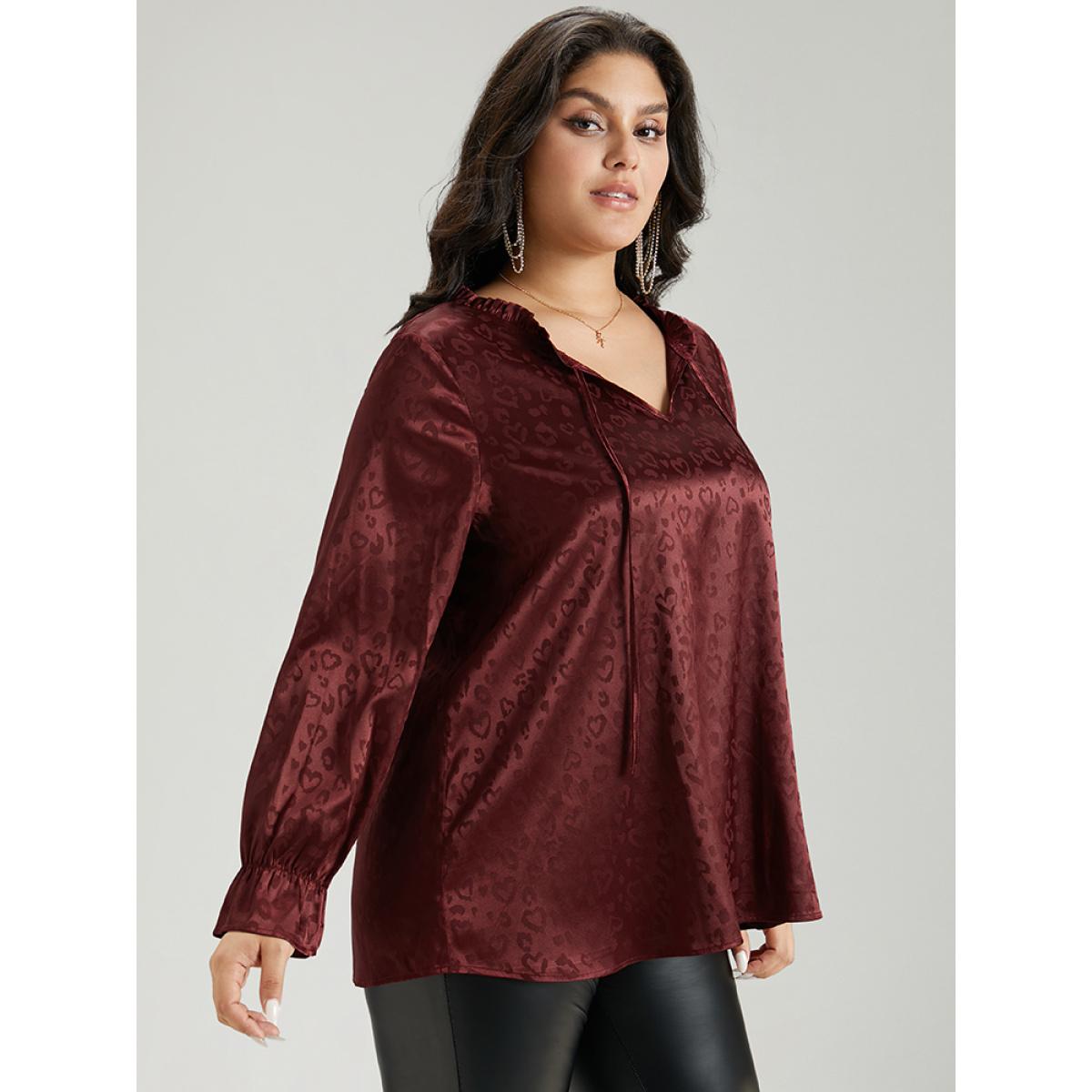 Plus Size Scarlet Solid Knot Neck Frill Trim Flutter Sleeve Blouse Women Glamour Long Sleeve Tie Neck Festival-Christmas Blouses BloomChic 14-16/1X Product Image