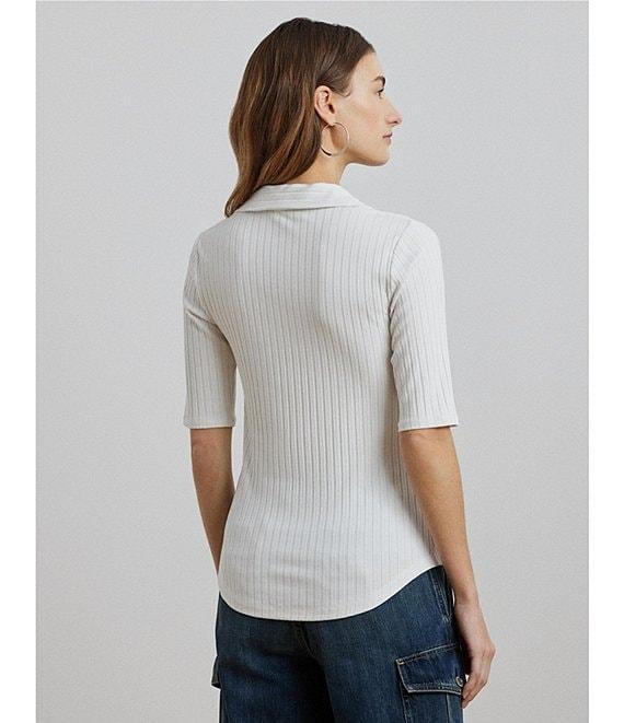 Lauren Ralph Lauren Petite Size Rib Knit Collared Elbow Sleeve Slim Fit Polo T-Shirt Product Image