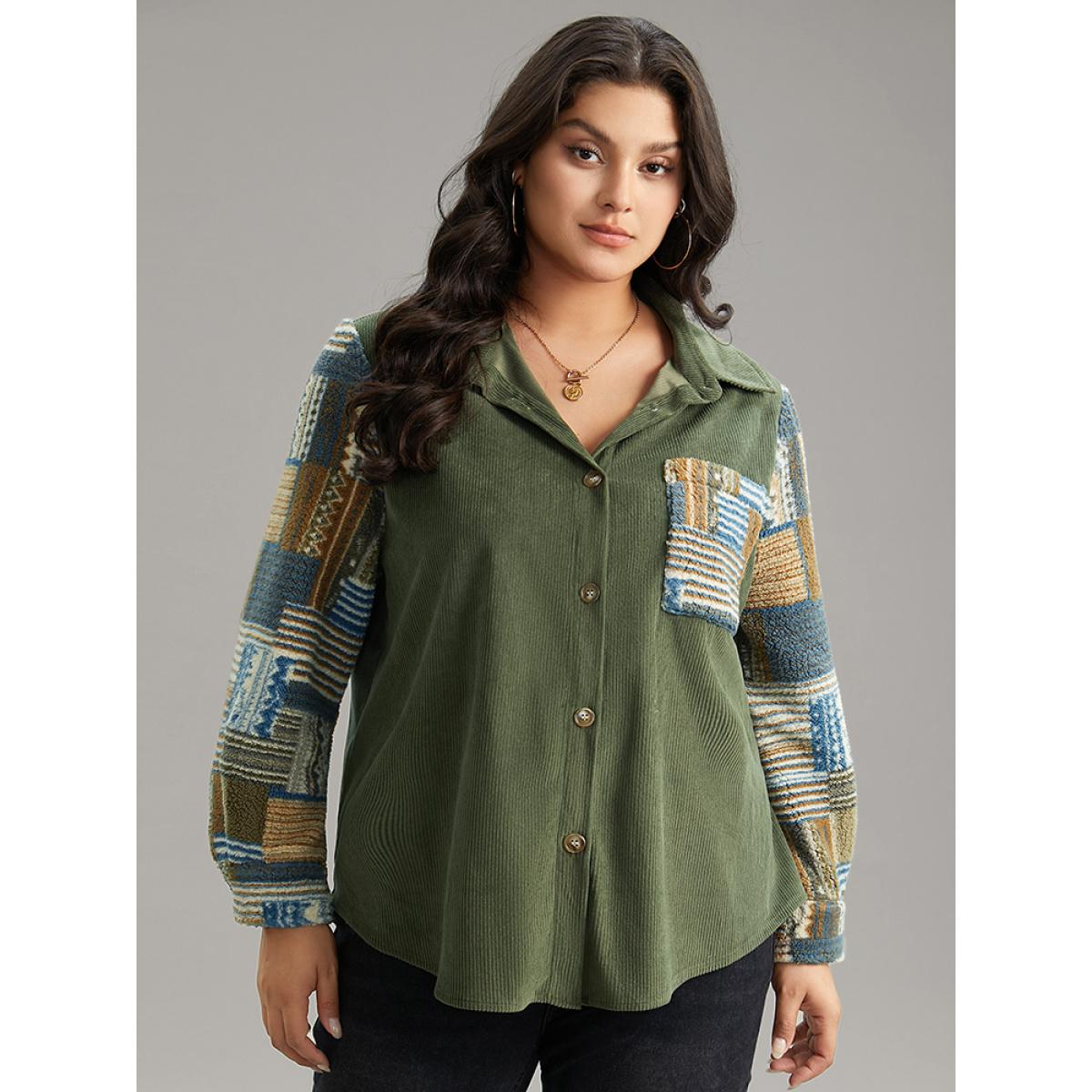 Plus Size Textured Contrast Patchwork Button Through Jacket Women ArmyGreen Casual Contrast Ladies Dailywear Winter Coats BloomChic 26/4X Product Image