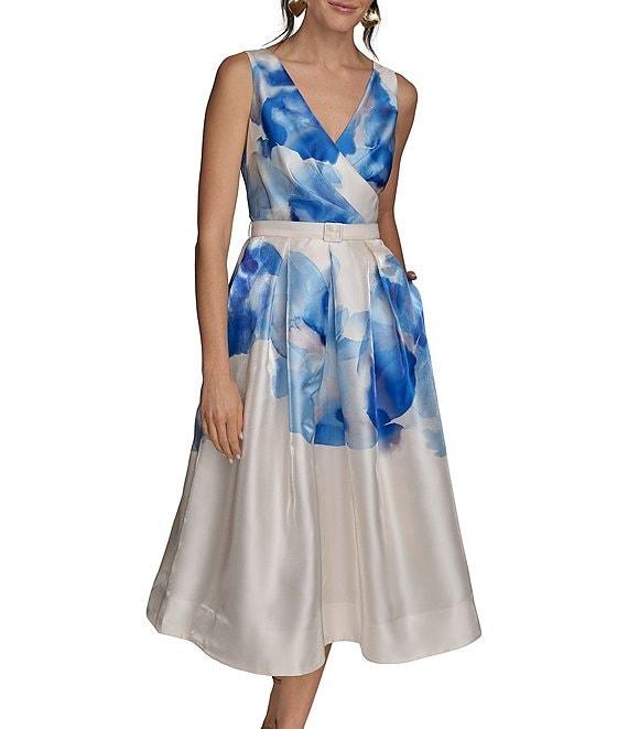 Donna Karan Shimmer Mikado V Neck Sleeveless Belted A Line Midi Dress Product Image