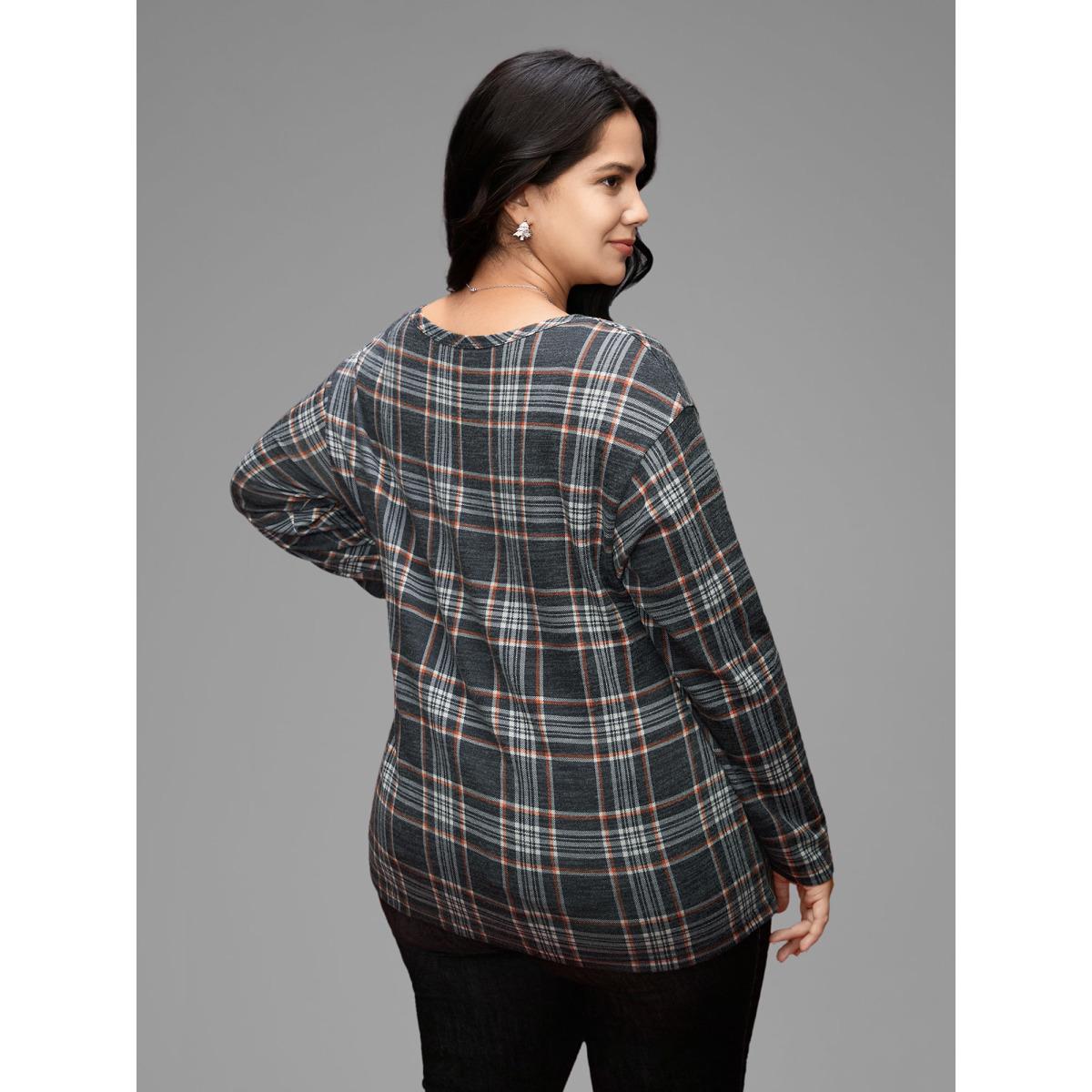 Plus Size Plaid V-neck Full Sleeves Slim-Fit Tee DimGray Women Casual Button V-neck Everyday T-shirts BloomChic 18-20/2X Product Image