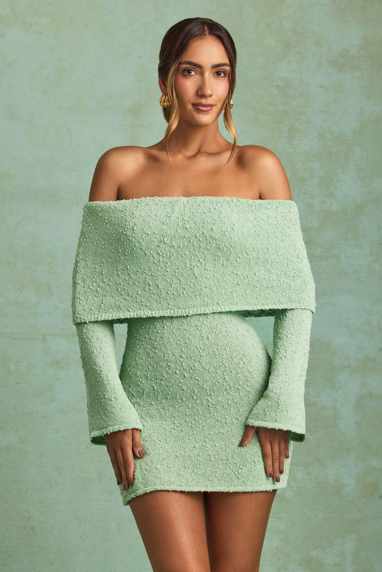 Bouclé Off-Shoulder Mini Dress in Mint Product Image