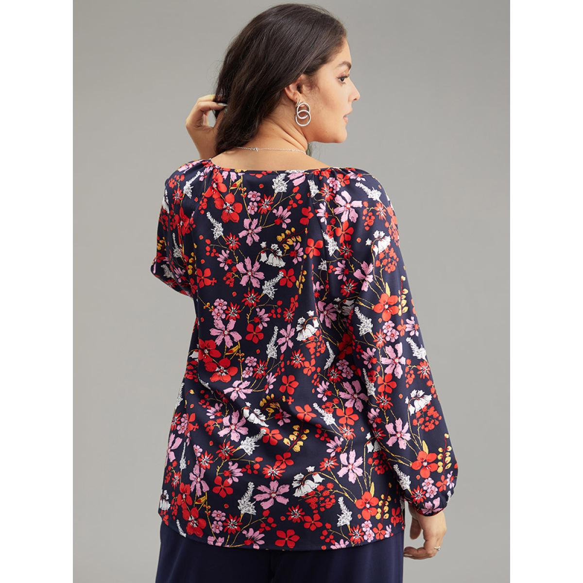 Plus Size Multicolor Floral Print Gathered Lantern Sleeve Blouse Women Elegant Long Sleeve V-neck Dailywear Blouses BloomChic 22-24/3X Product Image