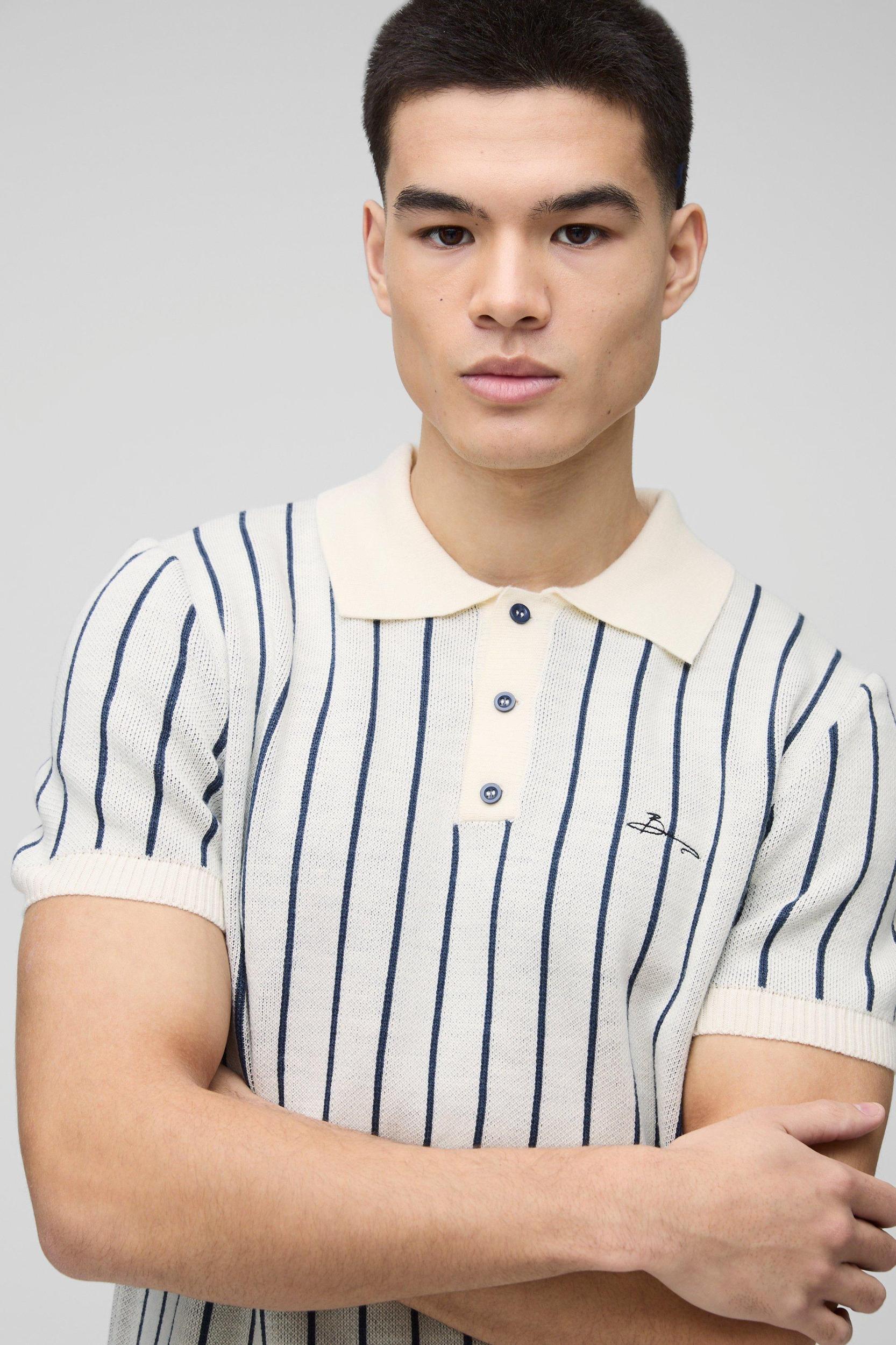 Regular Fit Short Sleeve Striped Knitted Polo | boohooMAN USA Product Image