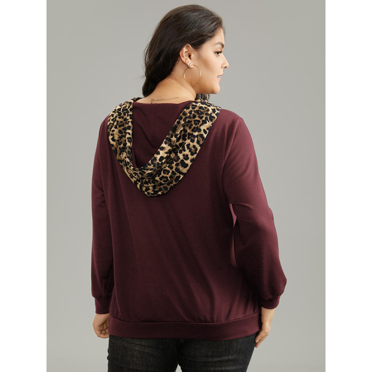 Plus Size Leopard Patchwork Kangaroo Pocket Hooded Sweatshirt Women Burgundy Casual Contrast Hooded Dailywear Sweatshirts BloomChic 18-20/2X Product Image