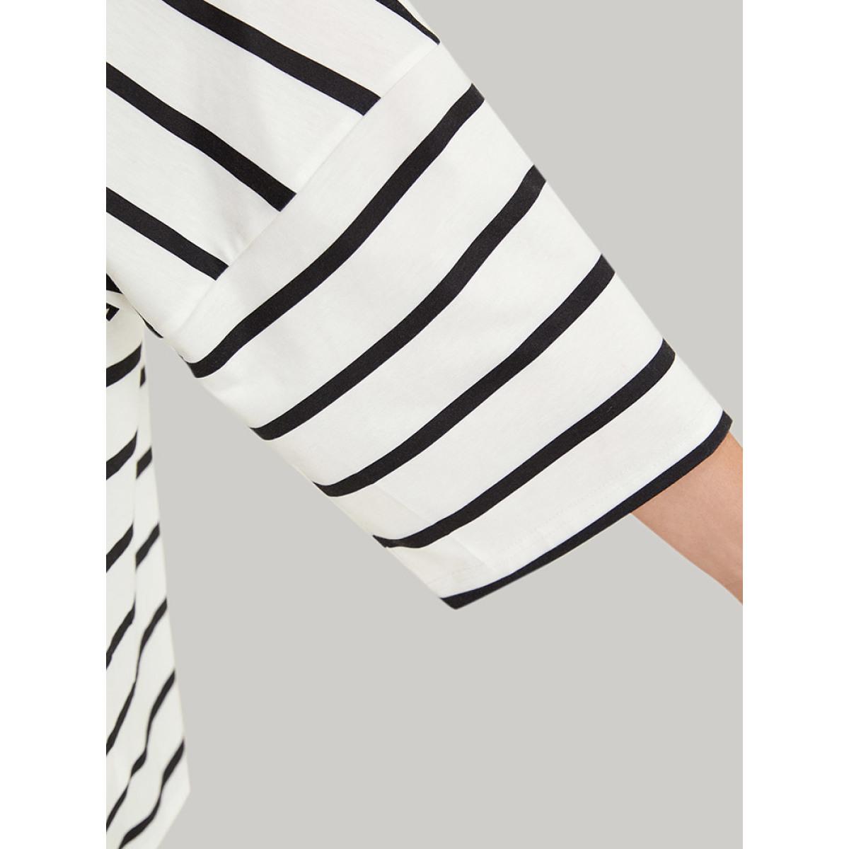 Plus Size Striped Print Button Detail Notched T-shirt White Women Casual Button Striped Notched collar Dailywear T-shirts BloomChic 12/L Product Image
