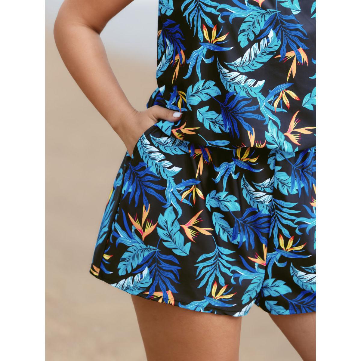 Plus Size Tropical Flower Print Pockets One-Piece Swimsuit Women's Swimwear BlackFlower Resort Gathered Curve Bathing Suits High stretch One Pieces BloomChic 22-24/3X Product Image