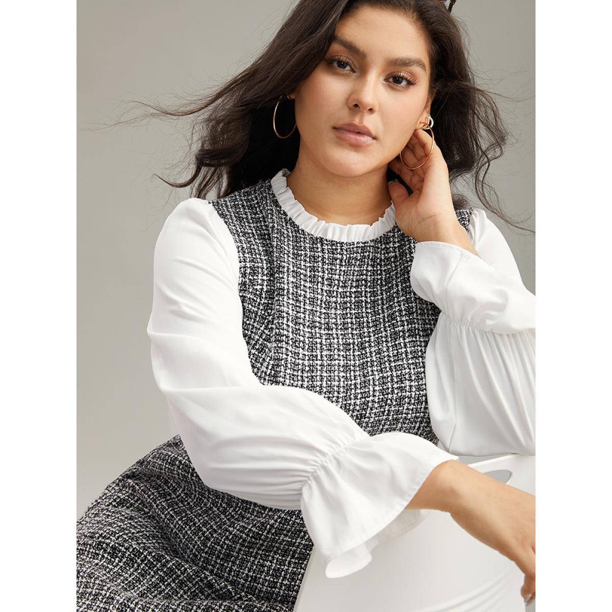Plus Size Plaid Patchwork Ruffle Trim Knee Dress White Women Office Texture Mock Neck Long Sleeve Curvy Knee Dress BloomChic 30/6X Product Image