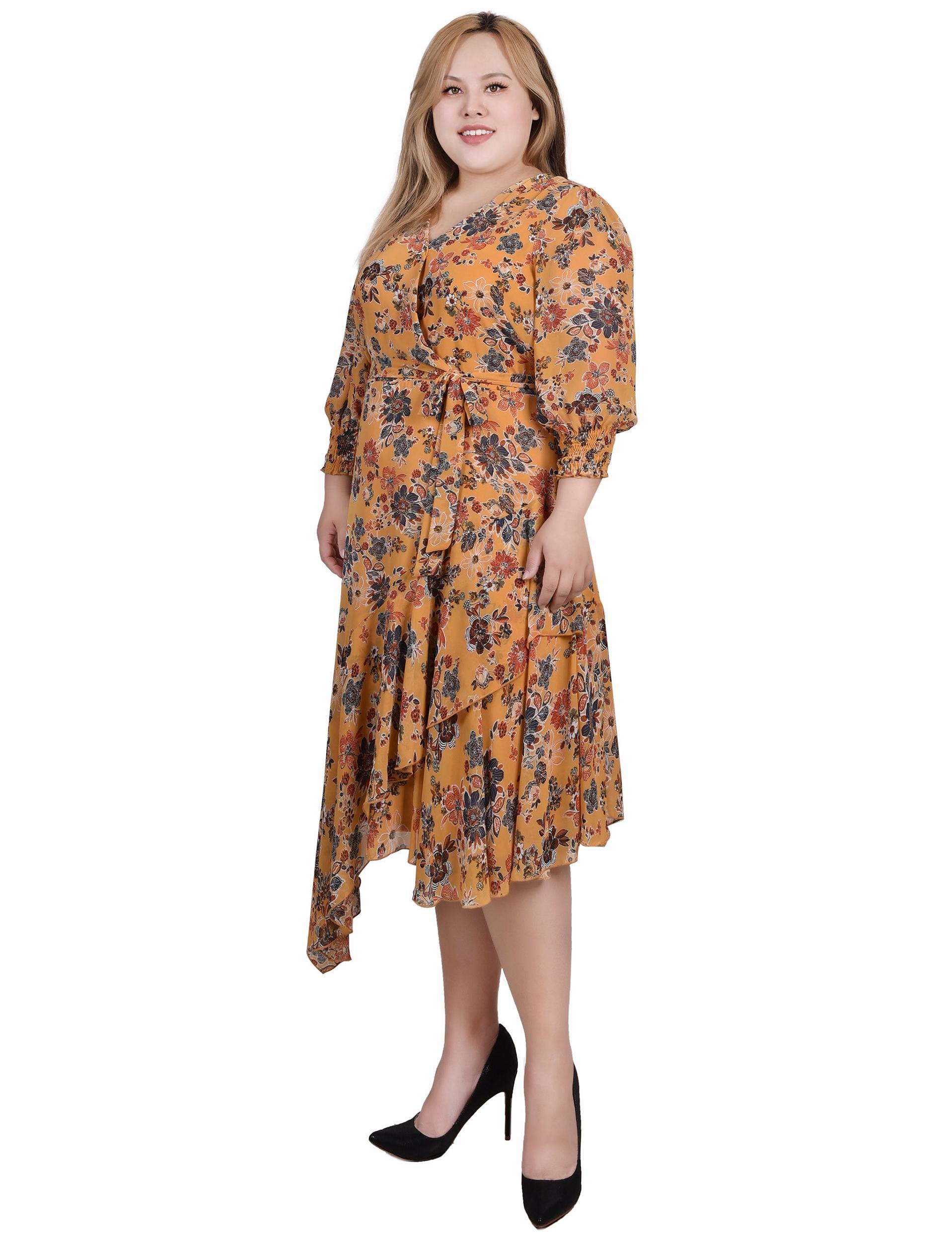 Honey Wallflower 3/4 Sleeve Belted Chiffon Hankerchief Hem Dress - Plus Product Image