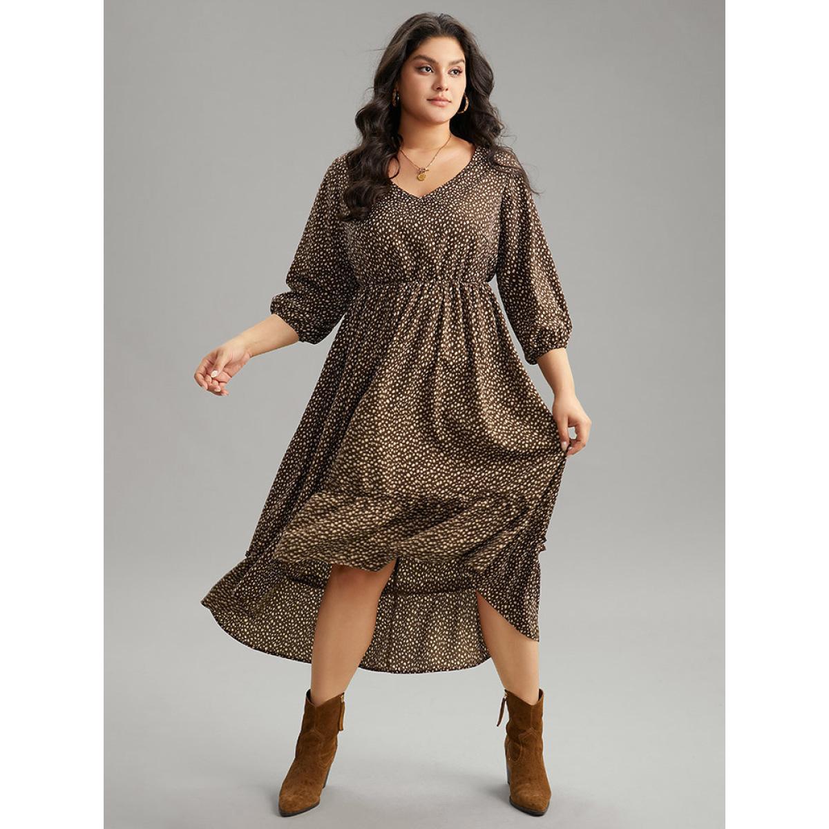 Plus Size Leopard Lantern Sleeve Ruffles Frill Trim Dress DarkBrown Women Vacation Elastic cuffs V-neck Elbow-length sleeve Curvy Midi Dress BloomChic 18-20/2X Product Image