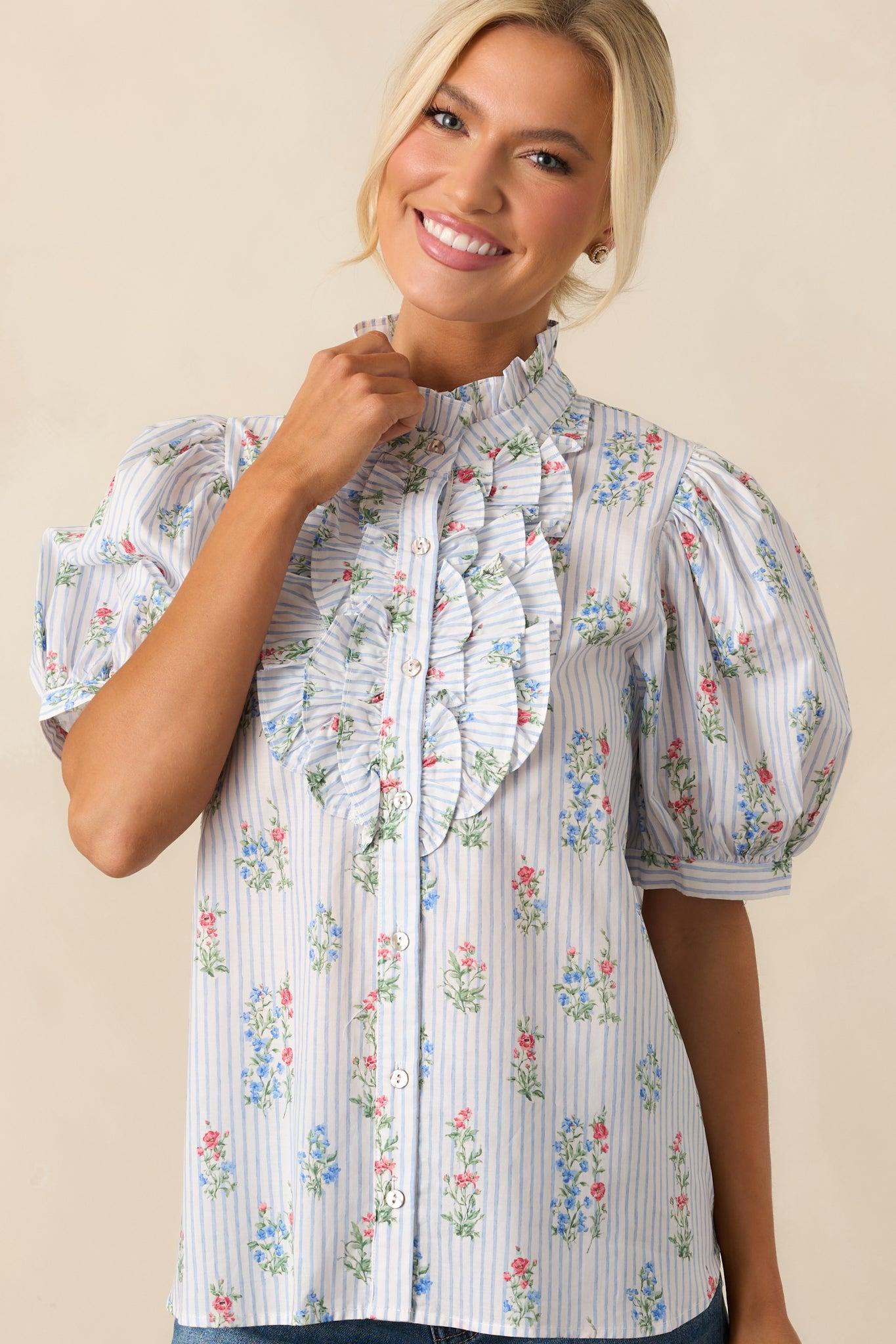 Things Happen Light Blue Stripe Floral Cotton Button Front Top Product Image