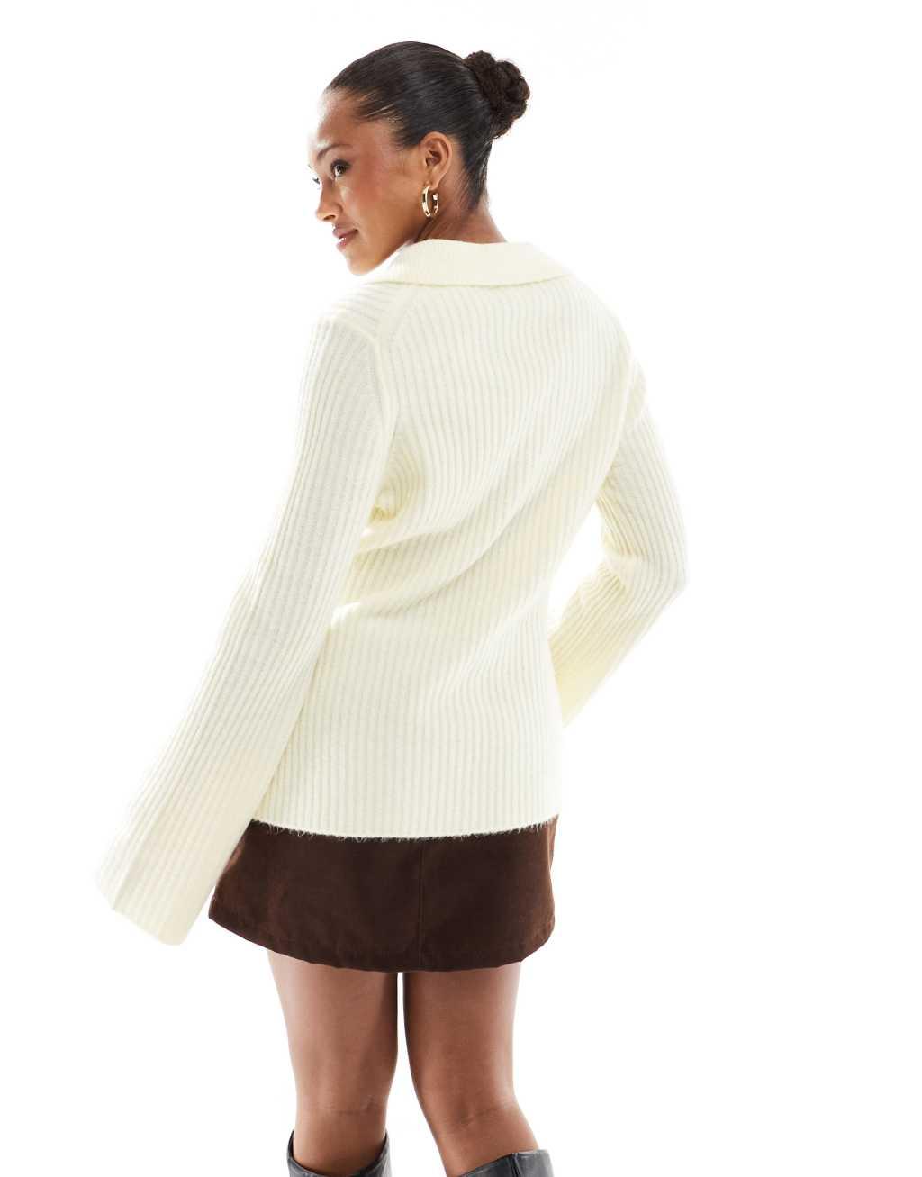 ASOS DESIGN knit rib collar cardigan in buttermilk Product Image
