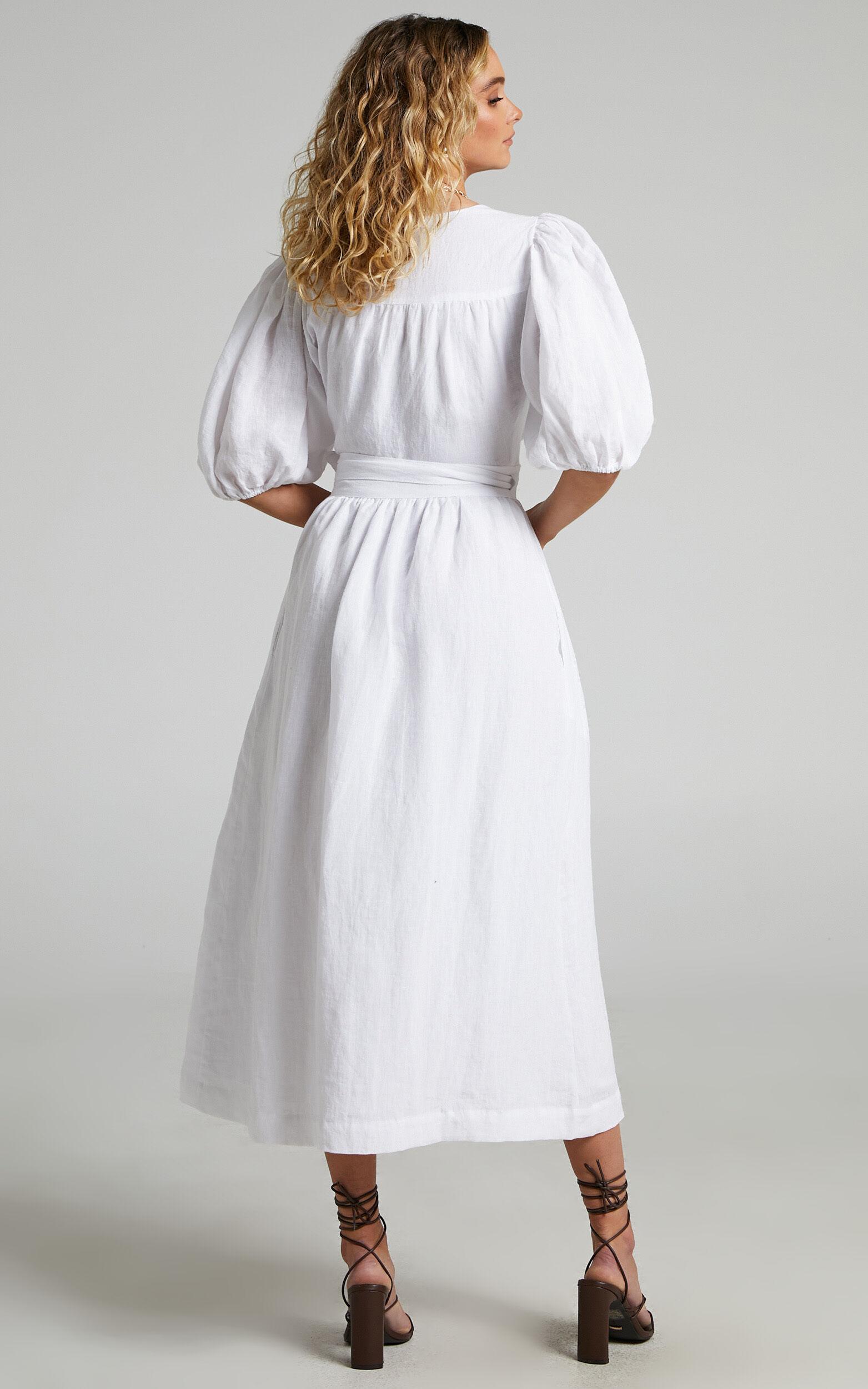 Amalie The Label - Franc Linen Puff Sleeve Wrap Midi Linen Dress in White Product Image