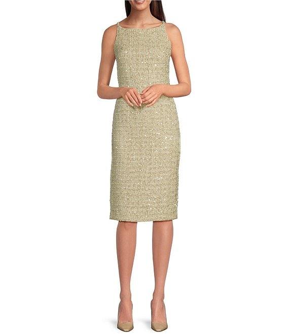 Donna Karan Coordinating Sequin Tweed Boat Neck Sleeveless Sheath Dress Product Image