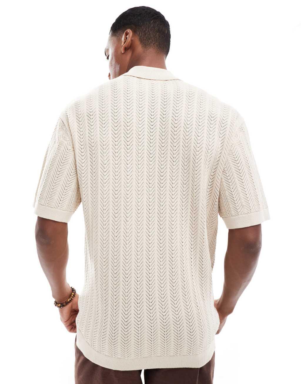 Selected Homme oversized crochet shirt in cream Product Image