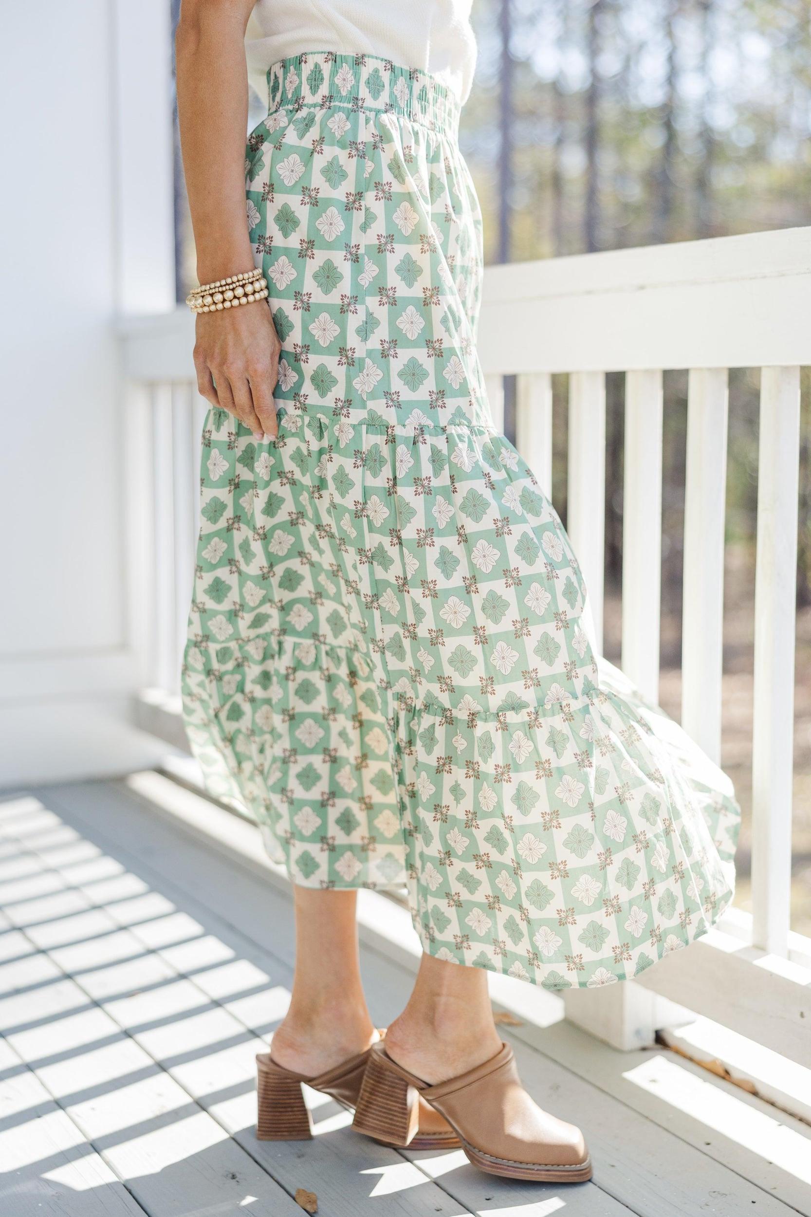 Wandering Way Olive Green Medallion Midi Skirt Female Product Image