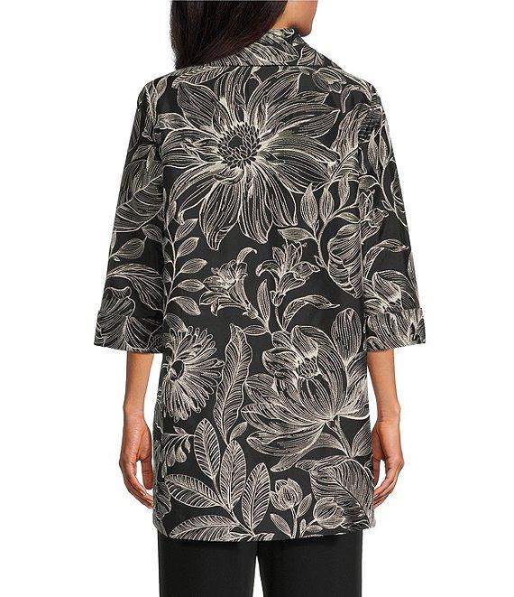 Caroline Rose Exotic Floral Embroidered Jacquard Spread Collar 3/4 Sleeve Statement Jacket Product Image