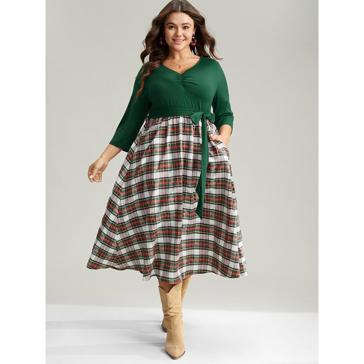 Plus Size Christmas Plaid Patchwork Ruched Belted Dress DarkGreen Women Work From Home Gathered V-neck Elbow-length sleeve Curvy Midi Dress BloomChic 18-20/2X Product Image