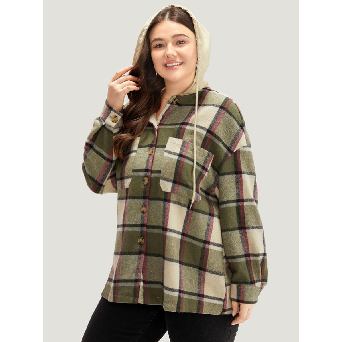 Plus Size Plaid Hooded Drawstring Pocket Coat Women Multicolor Contrast Pocket Dailywear Jackets BloomChic 18-20/2X Product Image