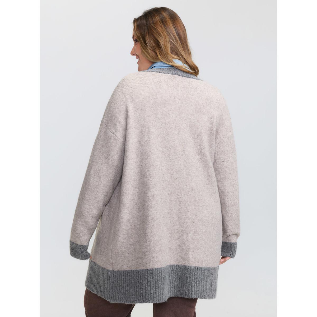 Plus Size Color Contrast Buttons Pockets Knit Cardigan LightBrown Women Leisure Loose Long Sleeve Casual Cardigans BloomChic 10/M Product Image