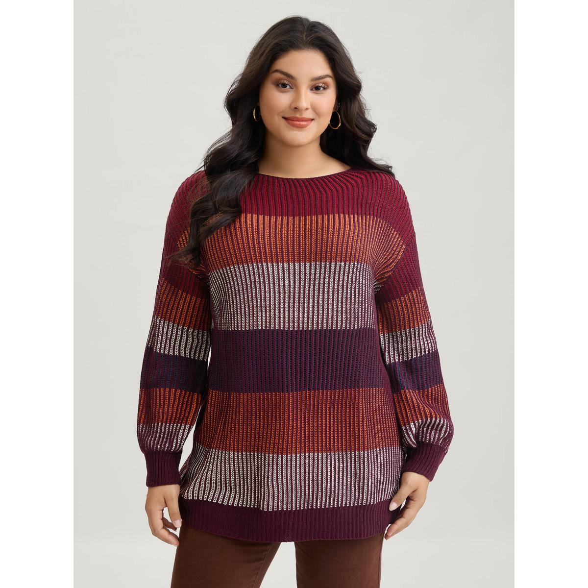 Plus Size Textured Striped Contrast Patchwork Pullover Deepred Women Casual Long Sleeve Round Neck Everyday Pullovers BloomChic 12/L Product Image