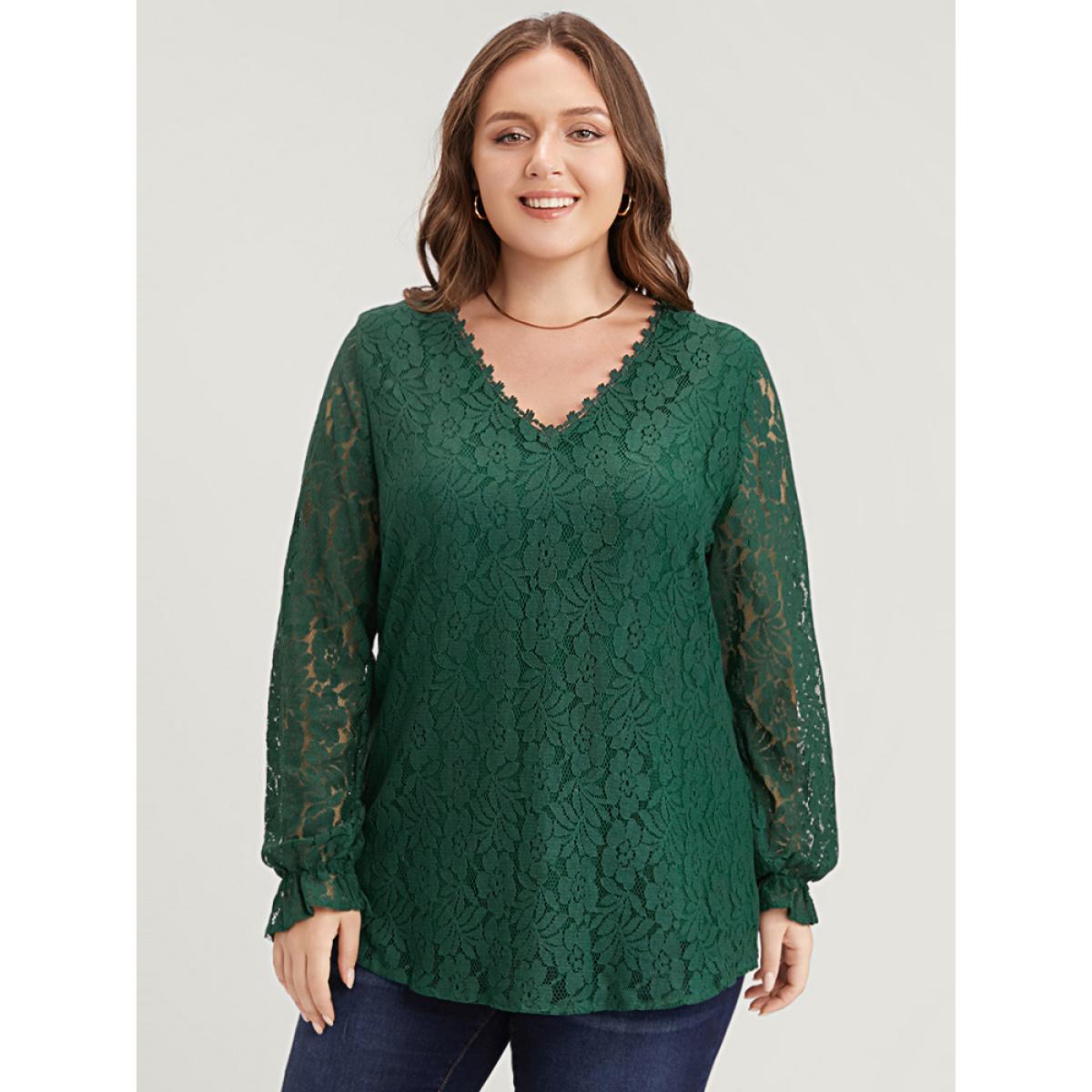 Plus Size Green Solid Crochet Lace V Neck Blouse Women Glamour Long Sleeve V-neck Going out Blouses BloomChic 26/4X Product Image