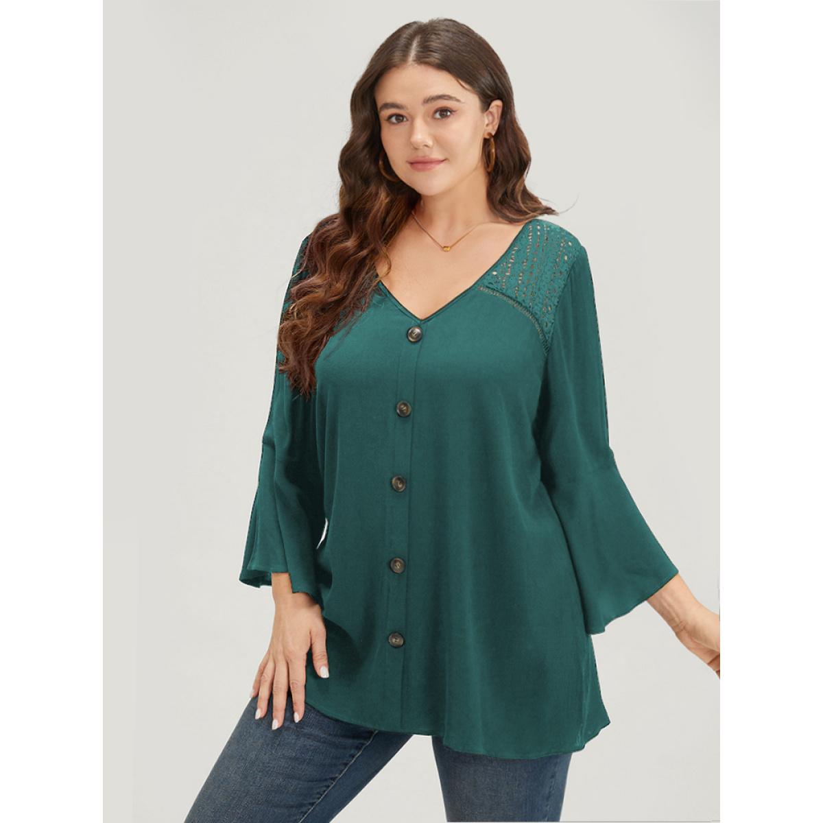 Plus Size Emerald Plain Crochet Lace Button Detail Bell Sleeve Blouse Women Elegant Elbow-length sleeve V-neck Dailywear Blouses BloomChic 10/M Product Image