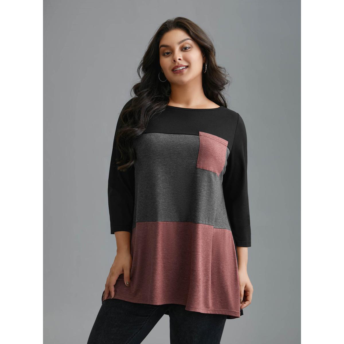 Plus Size Color Block Chest Pocket Round Neck T-Shirt Multicolor Women Casual Contrast Boat Neck Loose Everyday T-shirts BloomChic 18-20/2X Product Image