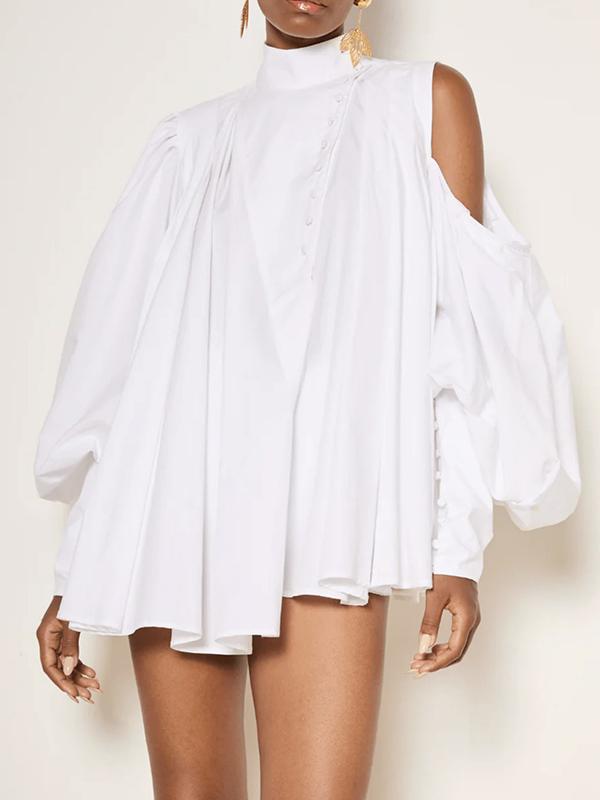 Loose Over Size Buttoned Solid Color High Neck Blouses&Shirts Tops Product Image