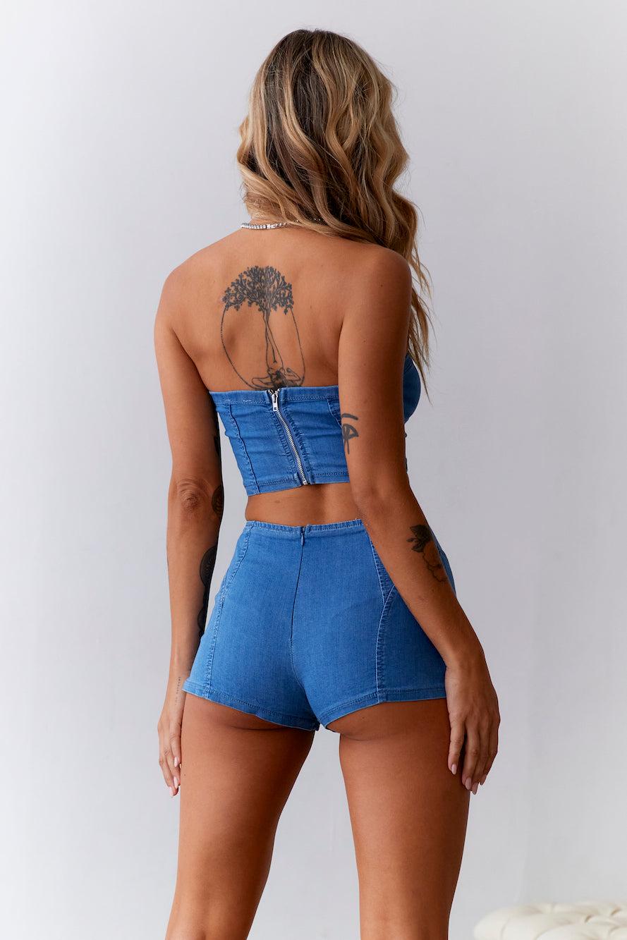 HELLO MOLLY Cheeky Heart Mid Rise Denim Shorts Blue Product Image