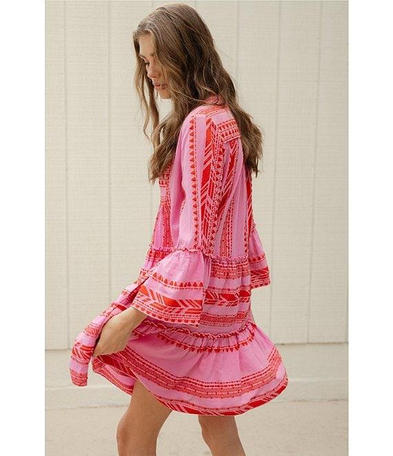 ELAN Arrow Geo Print Split V-Neck 3/4 Bell Sleeve Babydoll Dress Product Image