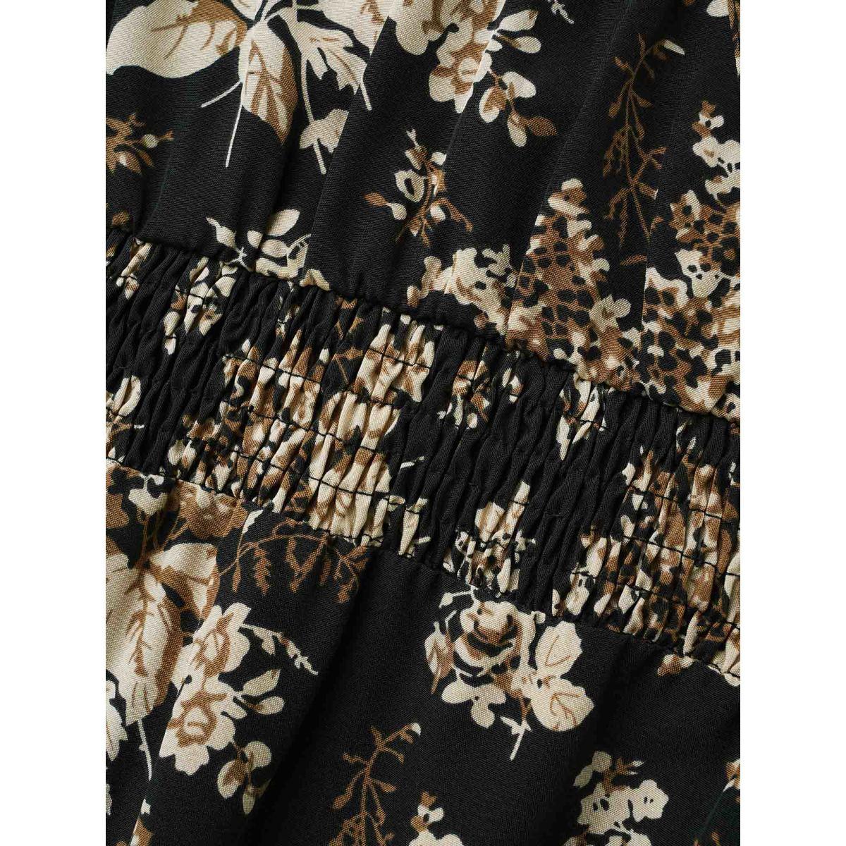 Plus Size Floral Overlap Collar Shirred Midi Dress BlackFlower Women Elegant Shirred Overlap Collar Long Sleeve Curvy BloomChic 12/L Product Image