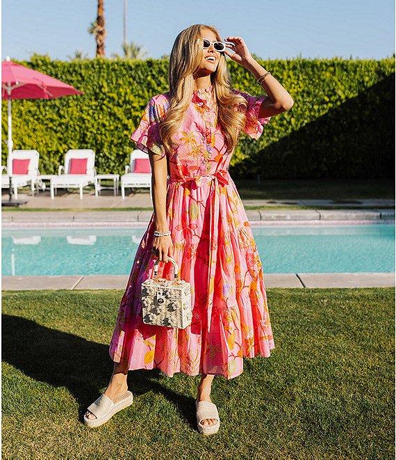 J.Marie Playa Button Up Ruffle Sleeve Belted Tiered Midi A-Line Dress Product Image