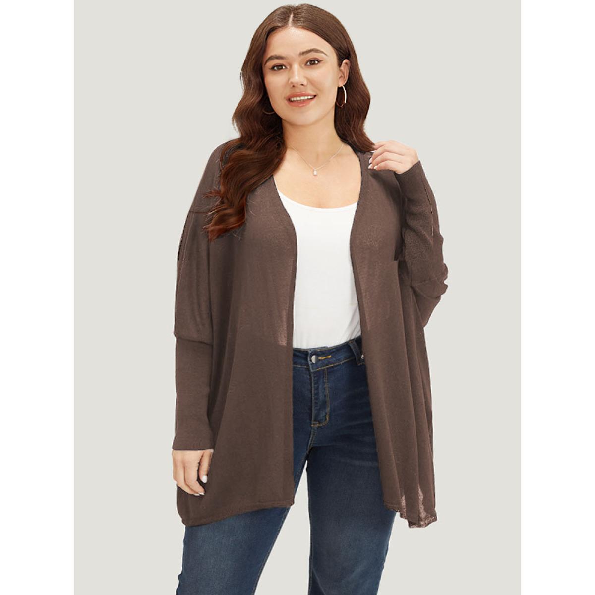 Plus Size Plain Open Front Batwing Sleeve Elastic Cuffs Cardigan DarkBrown Women Casual Loose Long Sleeve Everyday Cardigans BloomChic 12/L Product Image