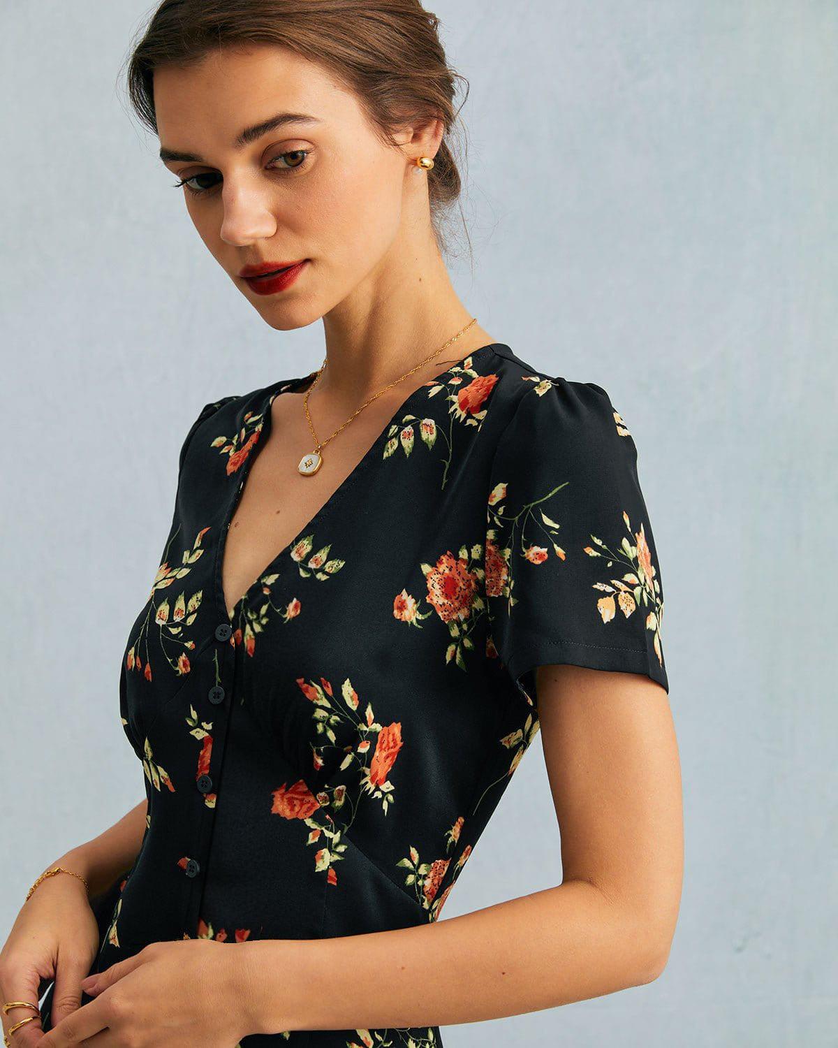 The Black V Neck Floral Short Sleeve Maxi Dress Product Image