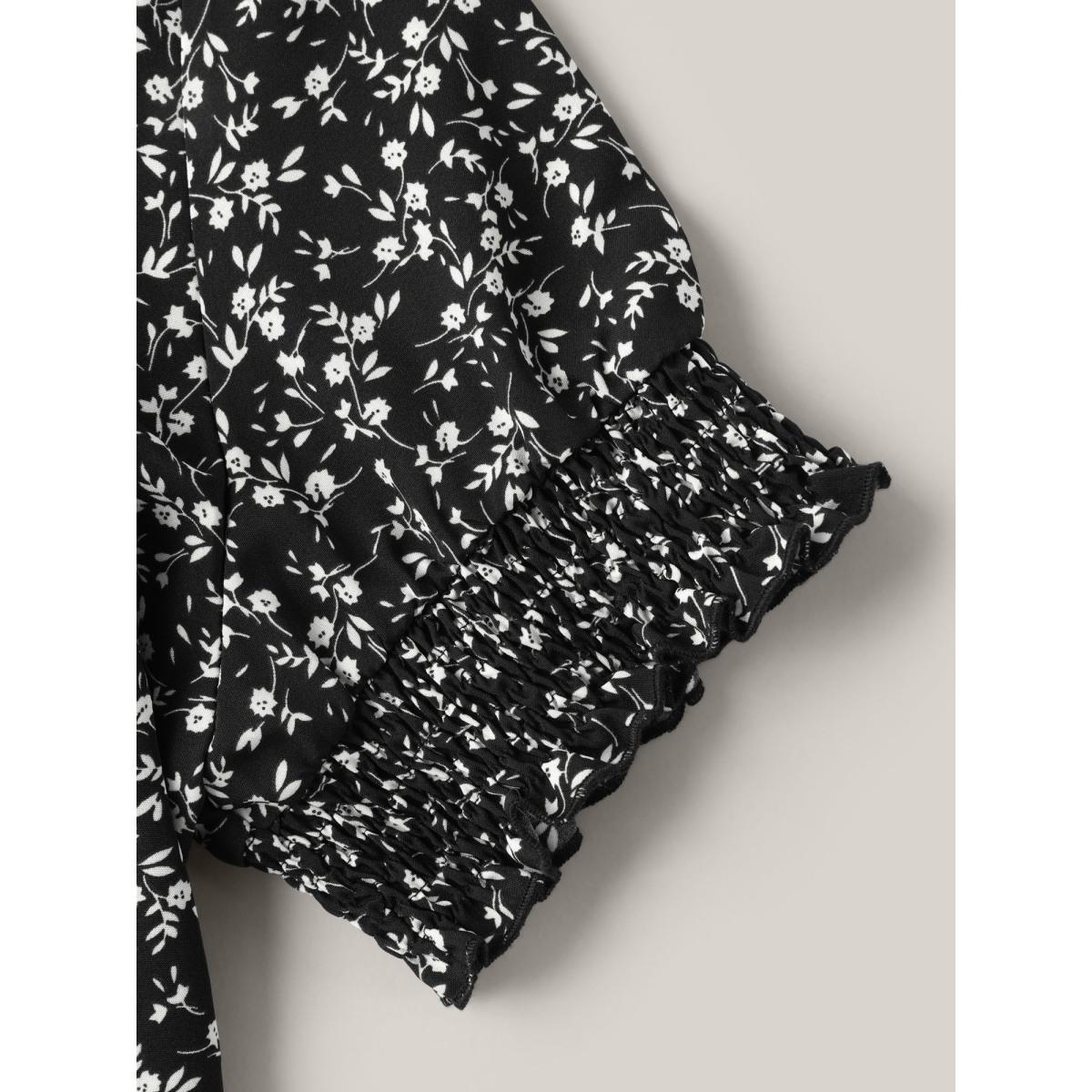 Plus Size Black Ditsy Floral Print Curvy Hem Blouse Women Elegant Elbow-length sleeve Round Neck Everyday Blouses BloomChic 30/6X Product Image