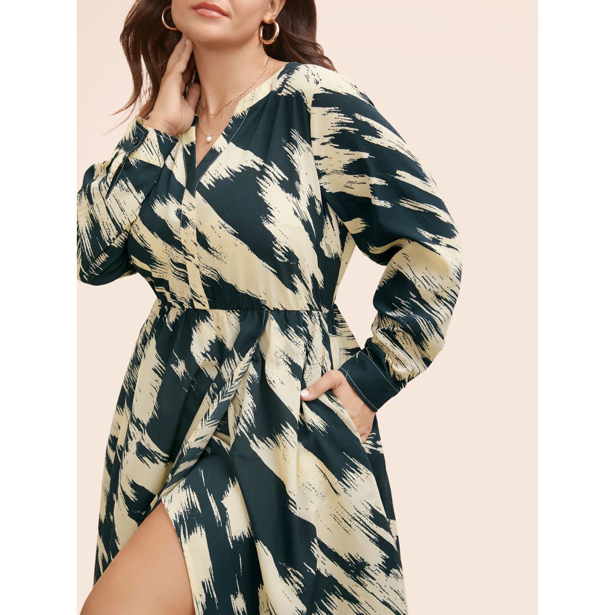 Plus Size Brush Print Notched Collar Midi Dress DarkSlateGray Women At the Office Contrast Notched collar Long Sleeve Curvy BloomChic 12/L Product Image