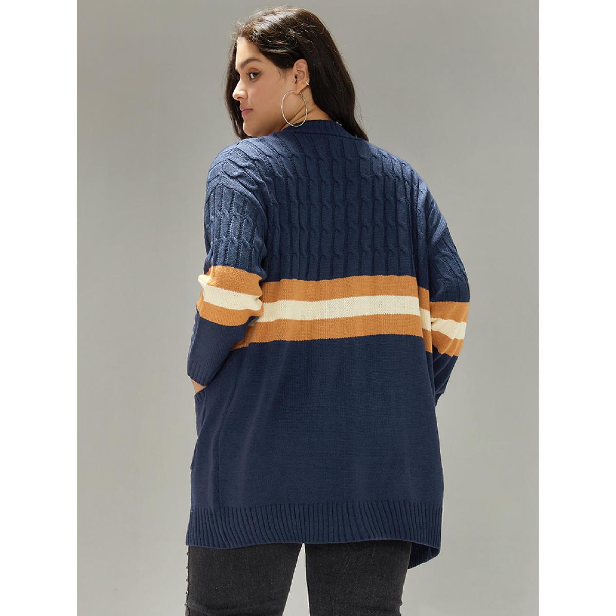 Plus Size Cable Knit Colorblock Contrast Open Front Cardigan Multicolor Women Casual Loose Long Sleeve Dailywear Cardigans BloomChic 28/5X Product Image