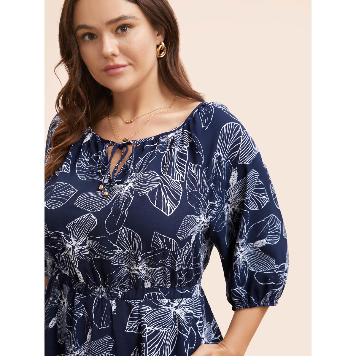 Plus Size Silhouette Floral Print Tie Knot Dress Navy Women Elegant Tie knot V-neck Elbow-length sleeve Curvy BloomChic 30/6X Product Image